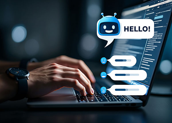 Person using laptop with chatbot interface showing customer feed