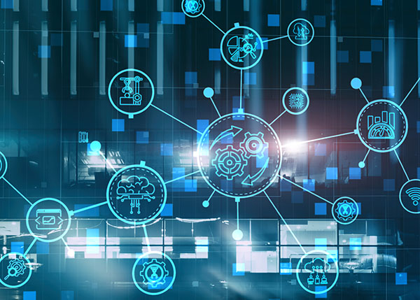 RPA. Robotic Process Automation on modern city abstract background