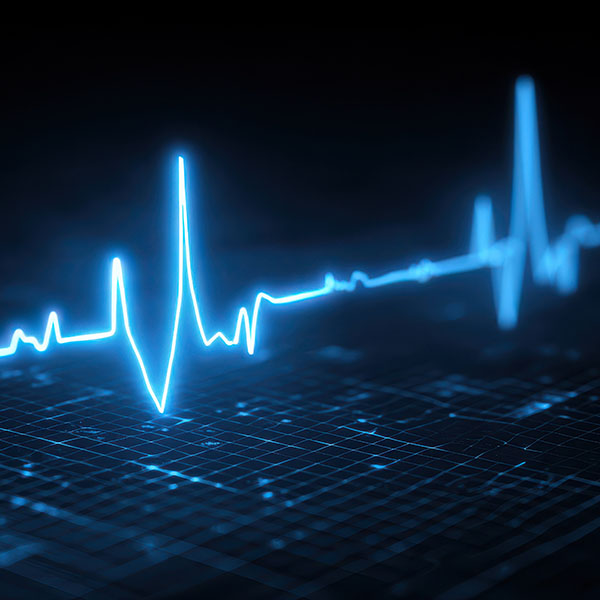 A luminous blue electrocardiogram (ECG) trace displays a steady